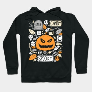 Halloween Pumpkin Tombstone Branches Skulls Zombie Candy Leaves Worms Moon Hoodie